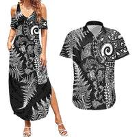 New Zealand Sea Animals Couples Matching Summer Maxi Dress and Hawaiian Shirt with Maori Koru Tribal Tattoo and Silver Ferns Black Color LT03 Black - Polynesian Pride