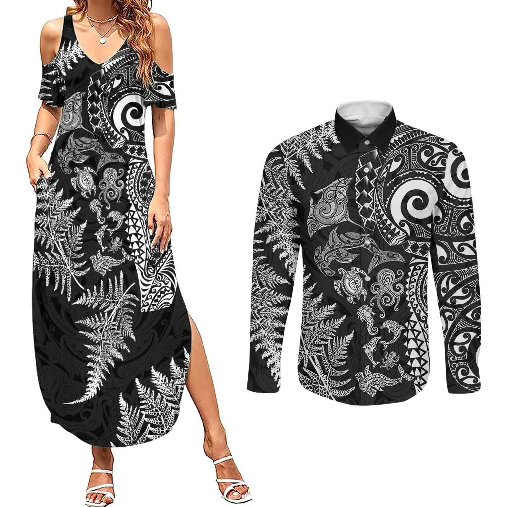 New Zealand Sea Animals Couples Matching Summer Maxi Dress and Long Sleeve Button Shirt with Maori Koru Tribal Tattoo and Silver Ferns Black Color LT03 Black - Polynesian Pride