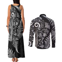 New Zealand Sea Animals Couples Matching Tank Maxi Dress and Long Sleeve Button Shirt with Maori Koru Tribal Tattoo and Silver Ferns Black Color LT03 - Polynesian Pride