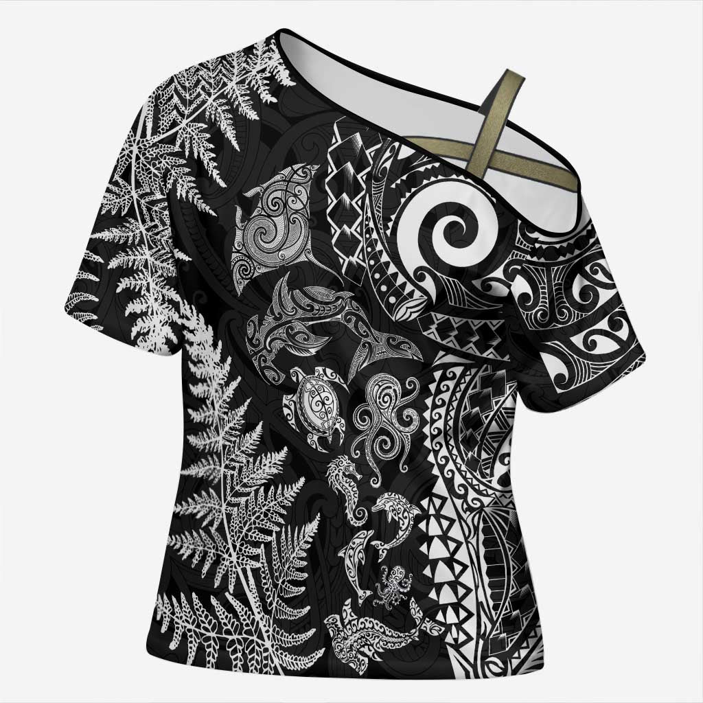 New Zealand Sea Animals Cross Shoulder Shirt with Maori Koru Tribal Tattoo and Silver Ferns Black Color