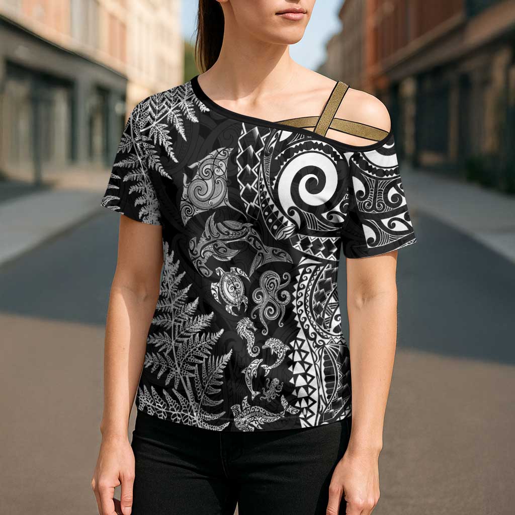 New Zealand Sea Animals Cross Shoulder Shirt with Maori Koru Tribal Tattoo and Silver Ferns Black Color LT03 - Polynesian Pride
