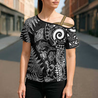 New Zealand Sea Animals Cross Shoulder Shirt with Maori Koru Tribal Tattoo and Silver Ferns Black Color LT03 - Polynesian Pride