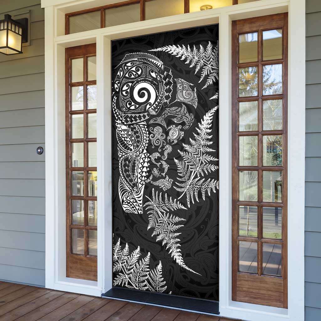 New Zealand Sea Animals Door Cover with Maori Koru Tribal Tattoo and Silver Ferns Black Color LT03 - Polynesian Pride