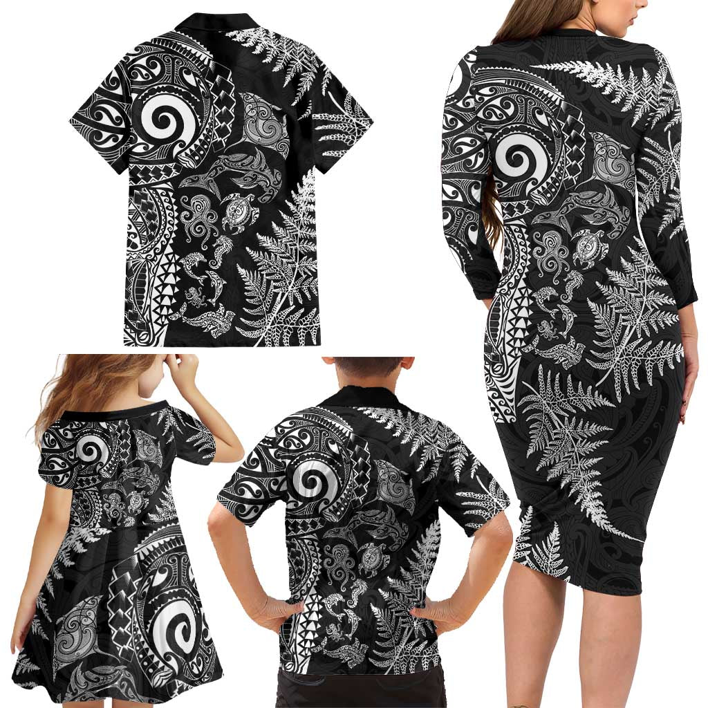 New Zealand Sea Animals Family Matching Long Sleeve Bodycon Dress and Hawaiian Shirt with Maori Koru Tribal Tattoo and Silver Ferns Black Color LT03 - Polynesian Pride