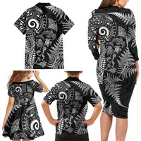 New Zealand Sea Animals Family Matching Long Sleeve Bodycon Dress and Hawaiian Shirt with Maori Koru Tribal Tattoo and Silver Ferns Black Color LT03 - Polynesian Pride