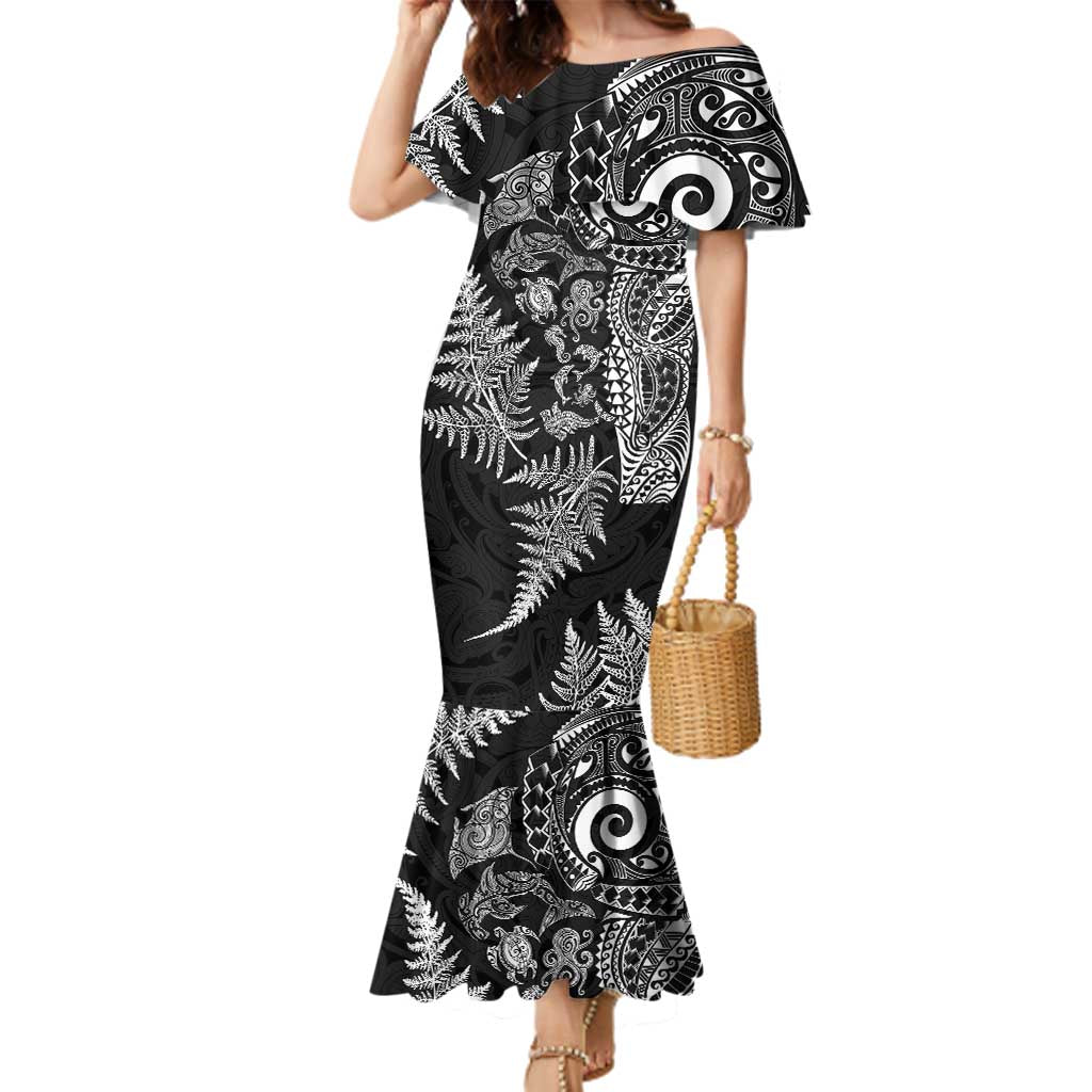 New Zealand Sea Animals Family Matching Mermaid Dress and Hawaiian Shirt with Maori Koru Tribal Tattoo and Silver Ferns Black Color LT03 Mom's Dress Black - Polynesian Pride
