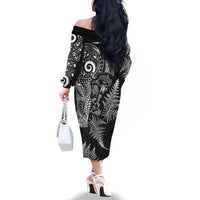 New Zealand Sea Animals Family Matching Off The Shoulder Long Sleeve Dress and Hawaiian Shirt with Maori Koru Tribal Tattoo and Silver Ferns Black Color LT03 - Polynesian Pride