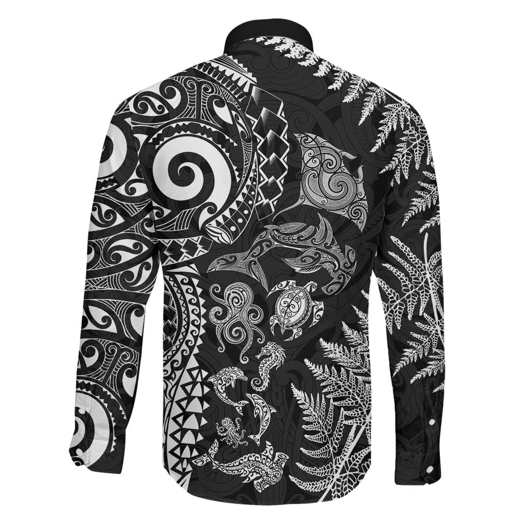 New Zealand Sea Animals Family Matching Off Shoulder Maxi Dress and Hawaiian Shirt with Maori Koru Tribal Tattoo and Silver Ferns Black Color LT03 - Polynesian Pride