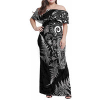 New Zealand Sea Animals Family Matching Off Shoulder Maxi Dress and Hawaiian Shirt with Maori Koru Tribal Tattoo and Silver Ferns Black Color LT03 Mom's Dress Black - Polynesian Pride