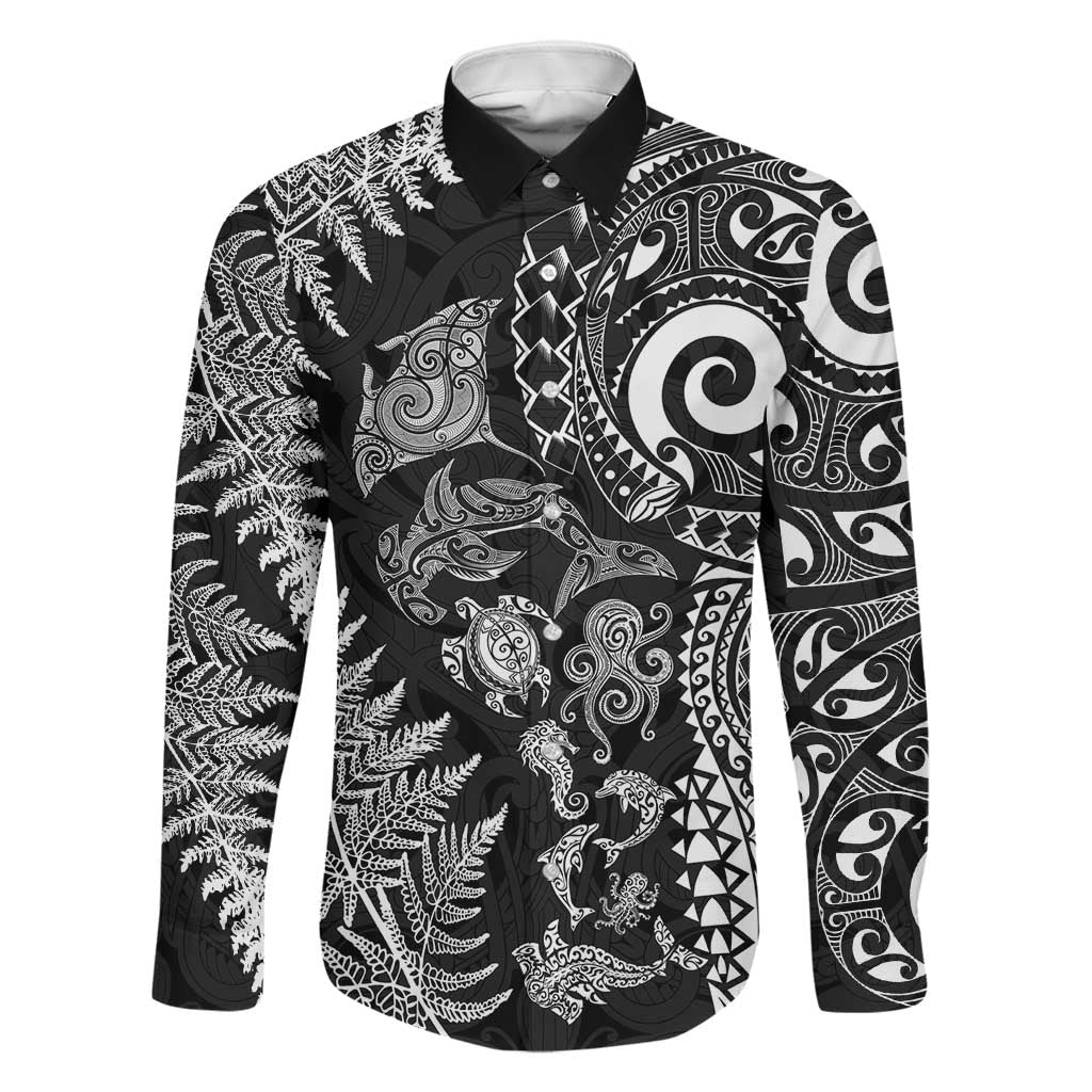 New Zealand Sea Animals Family Matching Off Shoulder Short Dress and Hawaiian Shirt with Maori Koru Tribal Tattoo and Silver Ferns Black Color LT03 Dad's Shirt - Long Sleeve Black - Polynesian Pride