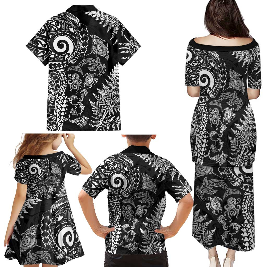 New Zealand Sea Animals Family Matching Puletasi and Hawaiian Shirt with Maori Koru Tribal Tattoo and Silver Ferns Black Color LT03 - Polynesian Pride