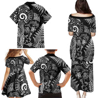 New Zealand Sea Animals Family Matching Puletasi and Hawaiian Shirt with Maori Koru Tribal Tattoo and Silver Ferns Black Color LT03 - Polynesian Pride