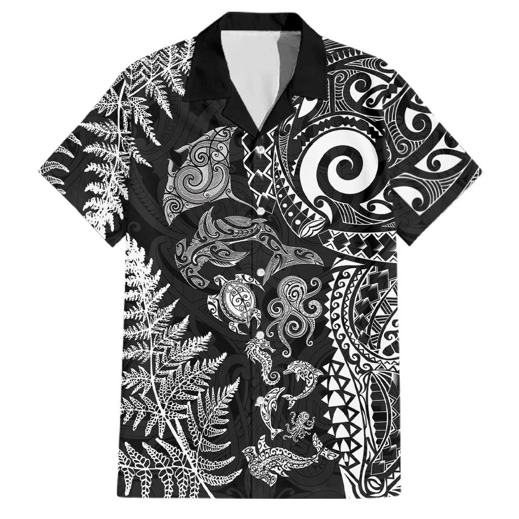 New Zealand Sea Animals Family Matching Puletasi and Hawaiian Shirt with Maori Koru Tribal Tattoo and Silver Ferns Black Color LT03 Dad's Shirt - Short Sleeve Black - Polynesian Pride