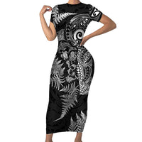 New Zealand Sea Animals Family Matching Short Sleeve Bodycon Dress and Hawaiian Shirt with Maori Koru Tribal Tattoo and Silver Ferns Black Color LT03 Mom's Dress Black - Polynesian Pride