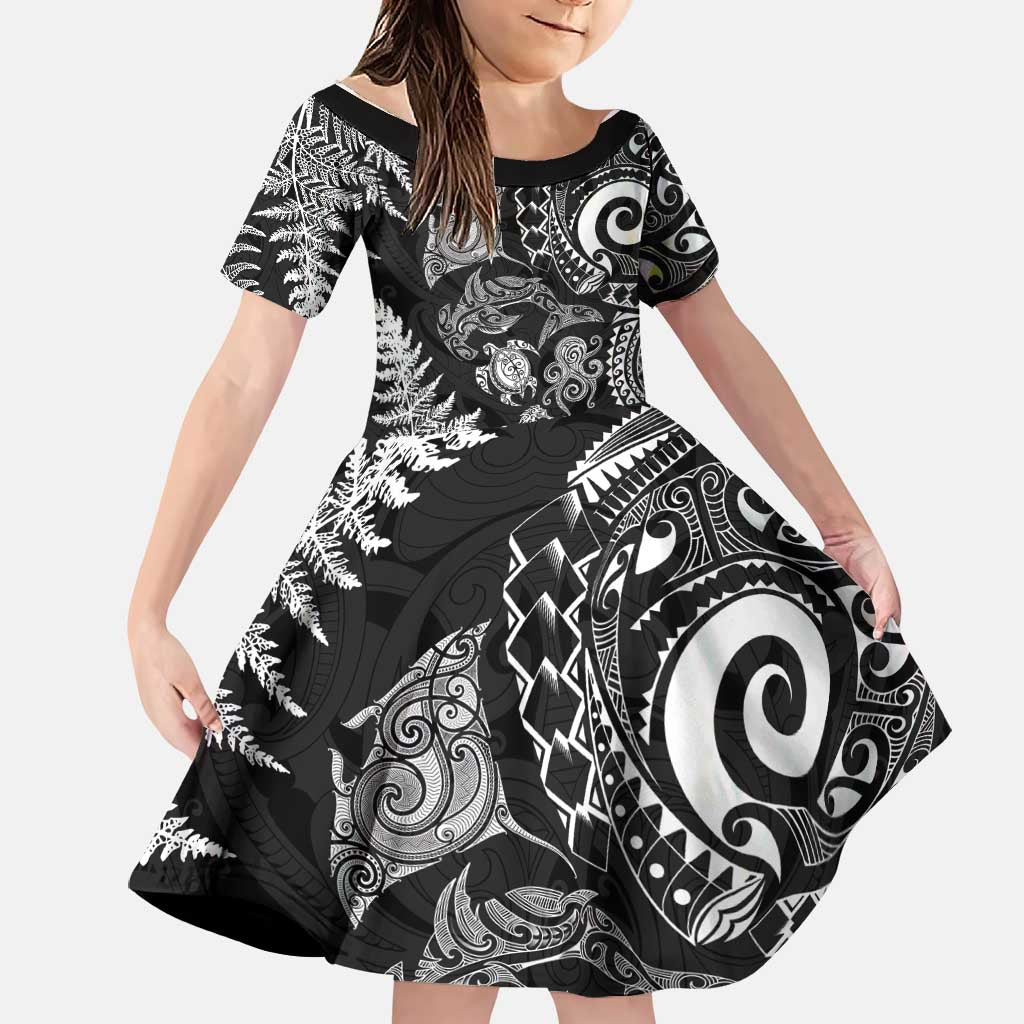 New Zealand Sea Animals Family Matching Summer Maxi Dress and Hawaiian Shirt with Maori Koru Tribal Tattoo and Silver Ferns Black Color LT03 Daughter's Dress Black - Polynesian Pride