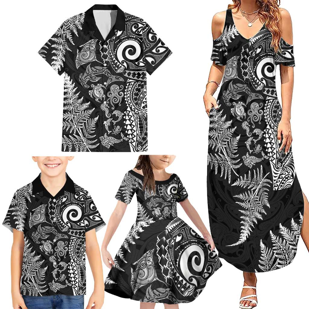 New Zealand Sea Animals Family Matching Summer Maxi Dress and Hawaiian Shirt with Maori Koru Tribal Tattoo and Silver Ferns Black Color LT03 - Polynesian Pride