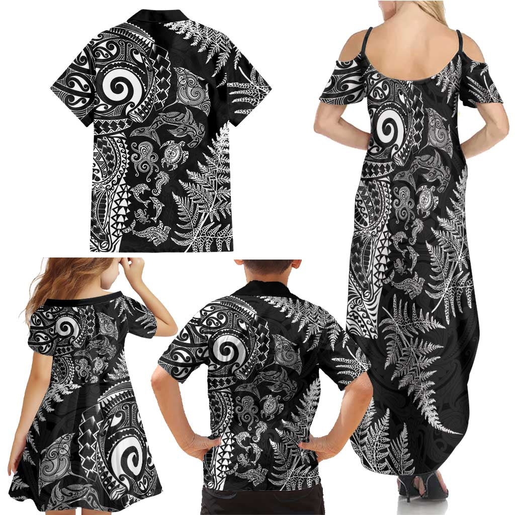 New Zealand Sea Animals Family Matching Summer Maxi Dress and Hawaiian Shirt with Maori Koru Tribal Tattoo and Silver Ferns Black Color LT03 - Polynesian Pride