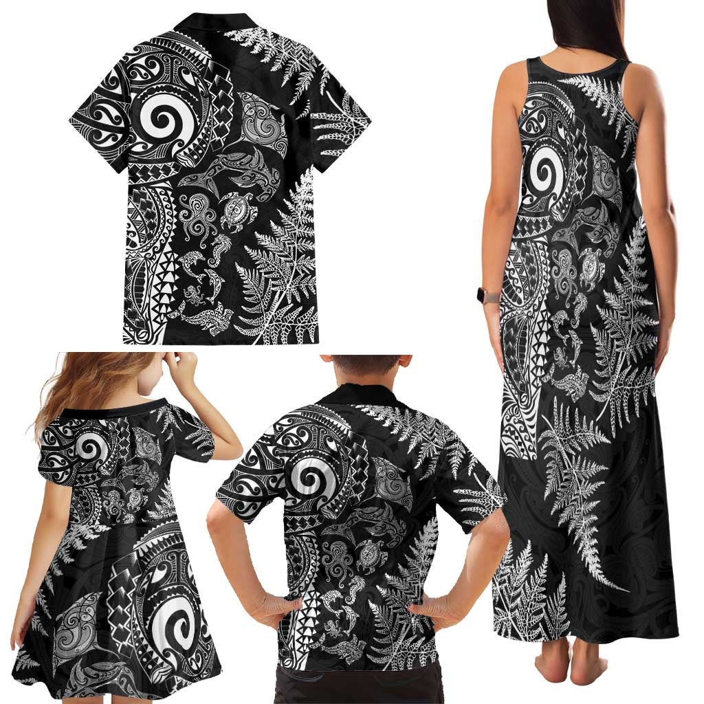New Zealand Sea Animals Family Matching Tank Maxi Dress and Hawaiian Shirt with Maori Koru Tribal Tattoo and Silver Ferns Black Color LT03 - Polynesian Pride