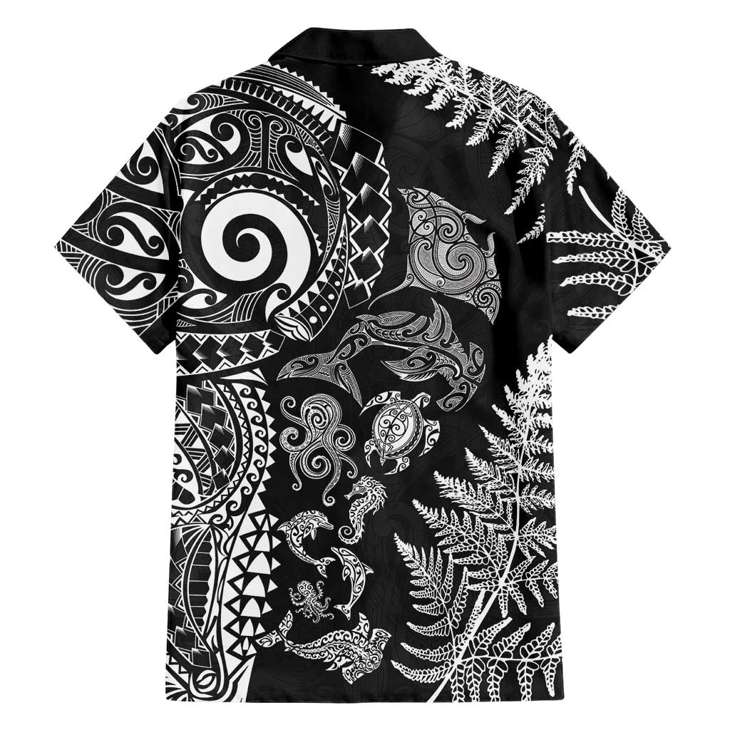 New Zealand Sea Animals Family Matching Tank Maxi Dress and Hawaiian Shirt with Maori Koru Tribal Tattoo and Silver Ferns Black Color LT03 - Polynesian Pride