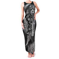 New Zealand Sea Animals Family Matching Tank Maxi Dress and Hawaiian Shirt with Maori Koru Tribal Tattoo and Silver Ferns Black Color LT03 Mom's Dress Black - Polynesian Pride