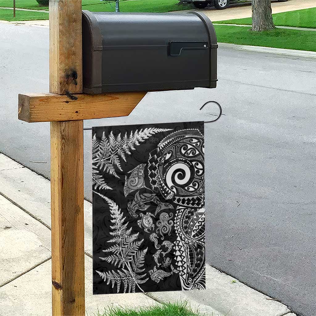 New Zealand Sea Animals Garden Flag with Maori Koru Tribal Tattoo and Silver Ferns Black Color LT03 - Polynesian Pride