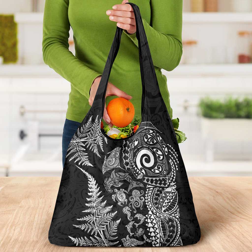New Zealand Sea Animals Grocery Bag with Maori Koru Tribal Tattoo and Silver Ferns Black Color LT03 - Polynesian Pride