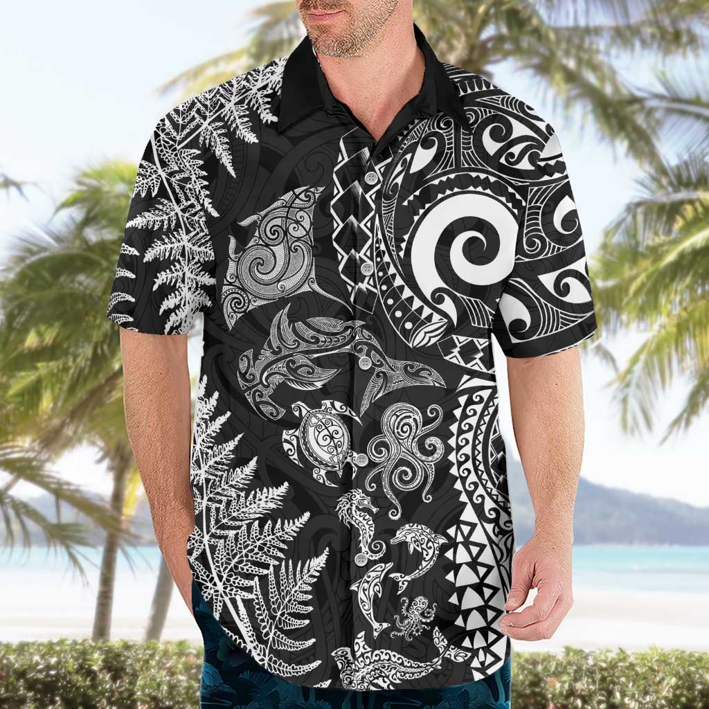 New Zealand Sea Animals Hawaiian Shirt with Maori Koru Tribal Tattoo and Silver Ferns Black Color LT03 - Polynesian Pride