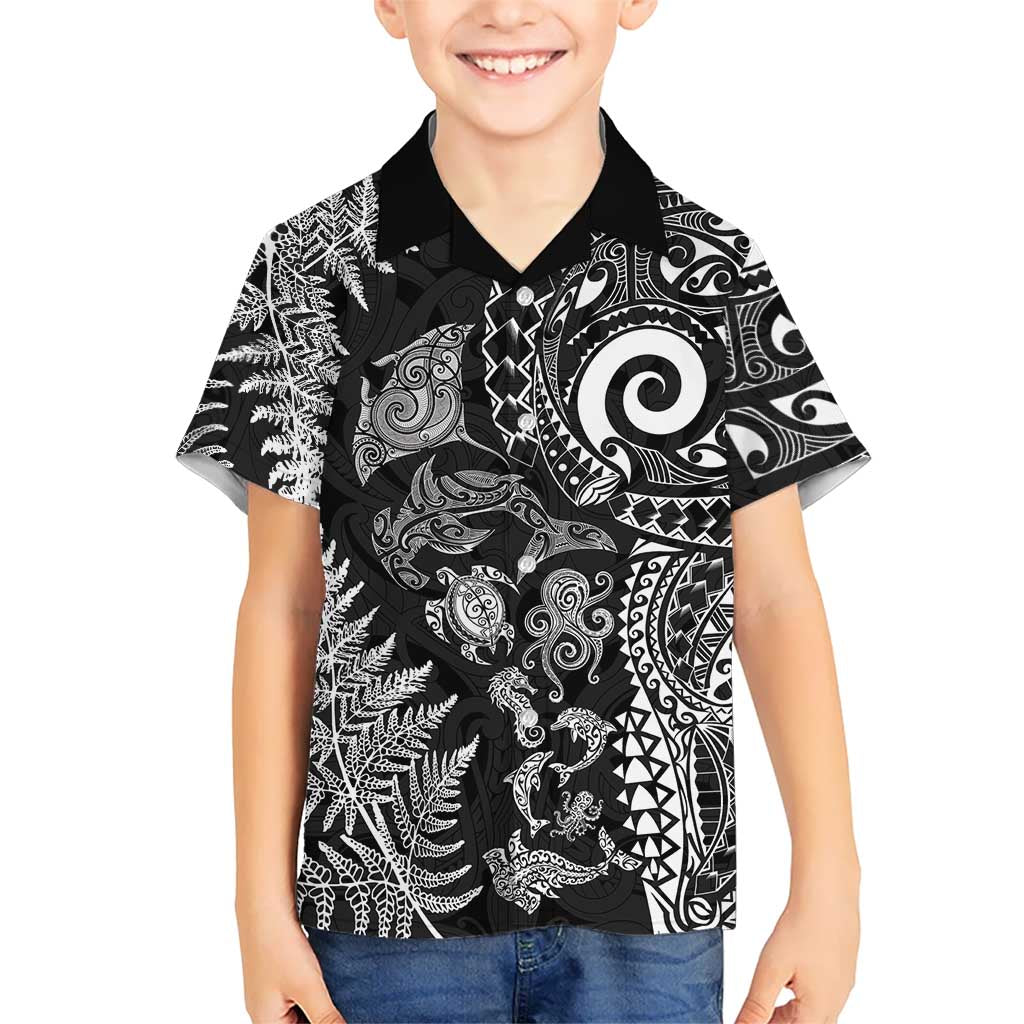 New Zealand Sea Animals Hawaiian Shirt with Maori Koru Tribal Tattoo and Silver Ferns Black Color LT03 - Polynesian Pride