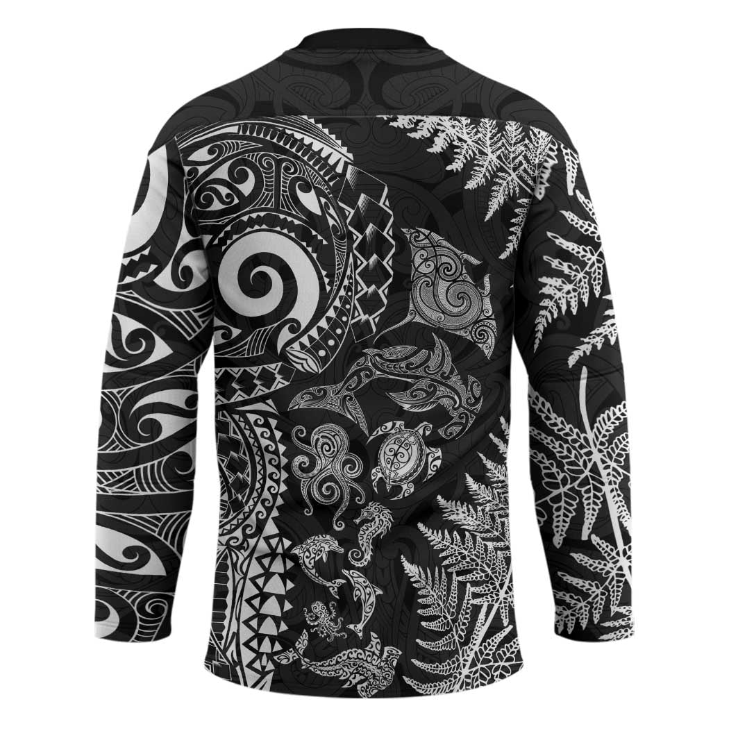 New Zealand Sea Animals Hockey Jersey with Maori Koru Tribal Tattoo and Silver Ferns Black Color LT03 - Polynesian Pride