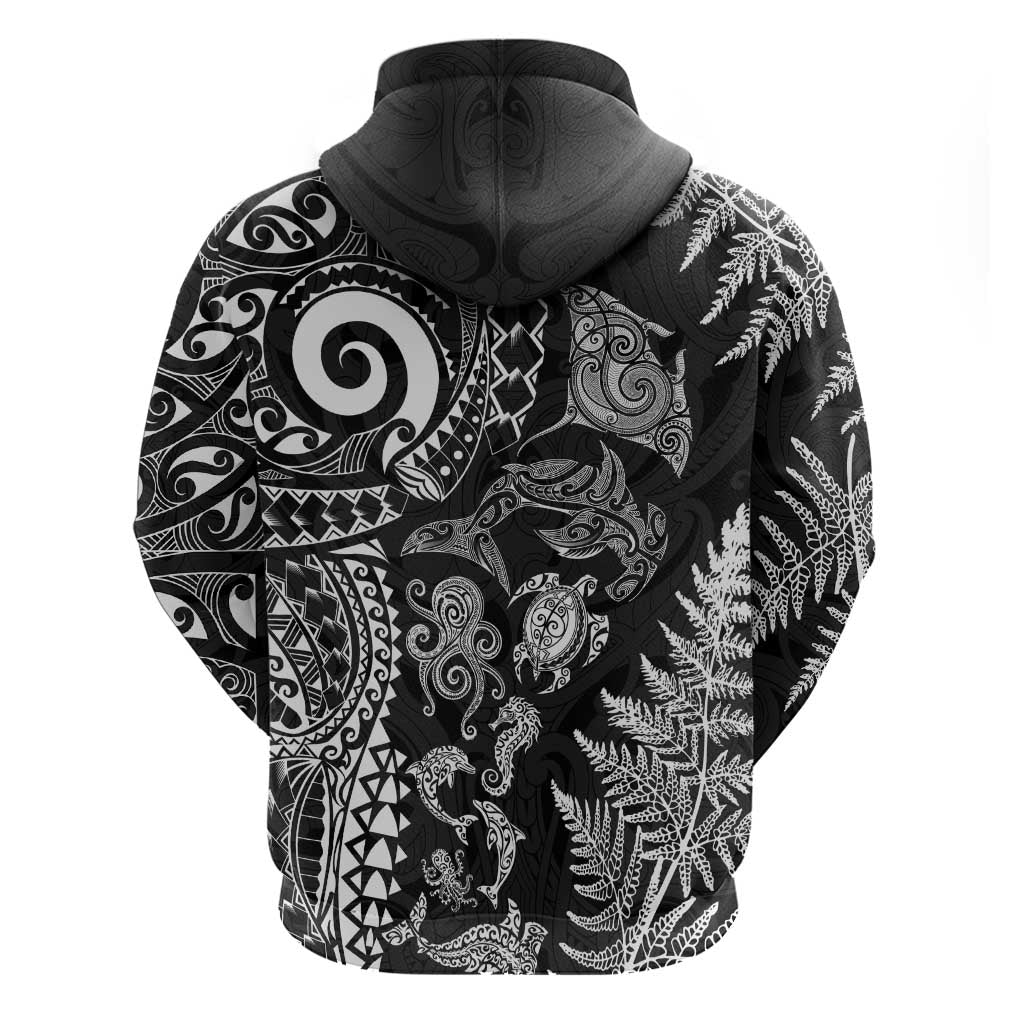 New Zealand Sea Animals Hoodie with Maori Koru Tribal Tattoo and Silver Ferns Black Color LT03 - Polynesian Pride