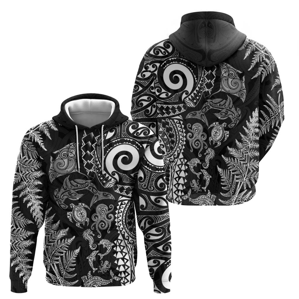 New Zealand Sea Animals Hoodie with Maori Koru Tribal Tattoo and Silver Ferns Black Color LT03 - Polynesian Pride