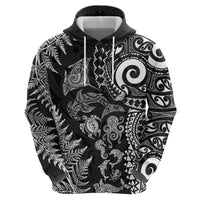 New Zealand Sea Animals Hoodie with Maori Koru Tribal Tattoo and Silver Ferns Black Color LT03 - Polynesian Pride
