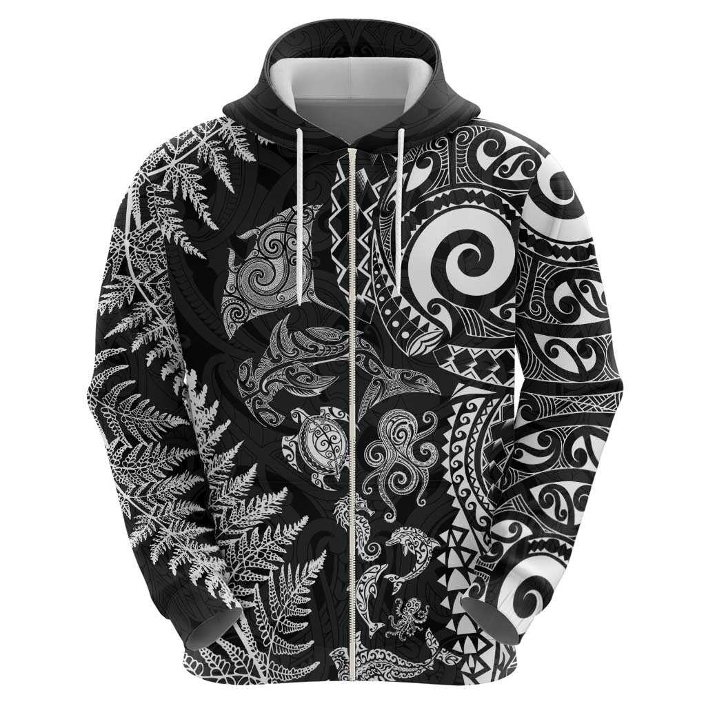 New Zealand Sea Animals Hoodie with Maori Koru Tribal Tattoo and Silver Ferns Black Color LT03 - Polynesian Pride