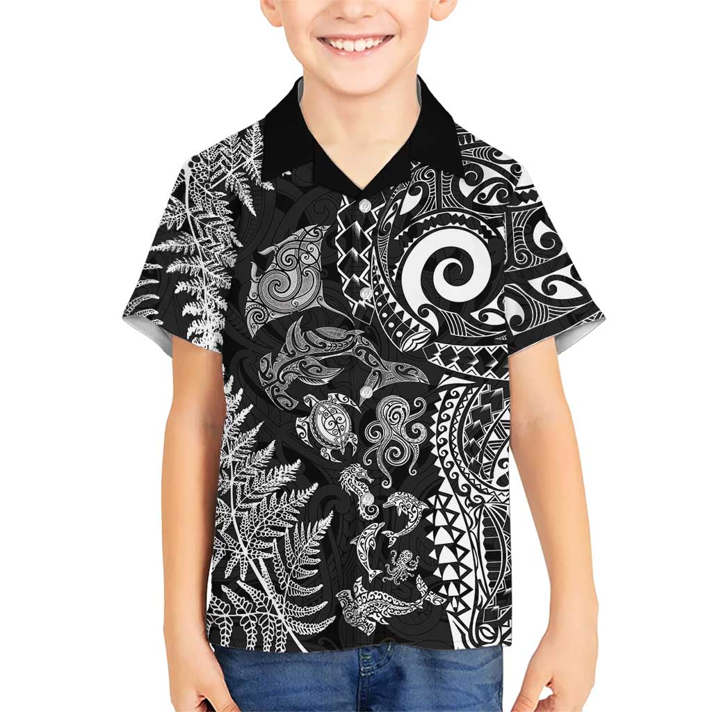 New Zealand Sea Animals Kid Hawaiian Shirt with Maori Koru Tribal Tattoo and Silver Ferns Black Color LT03 Kid Black - Polynesian Pride
