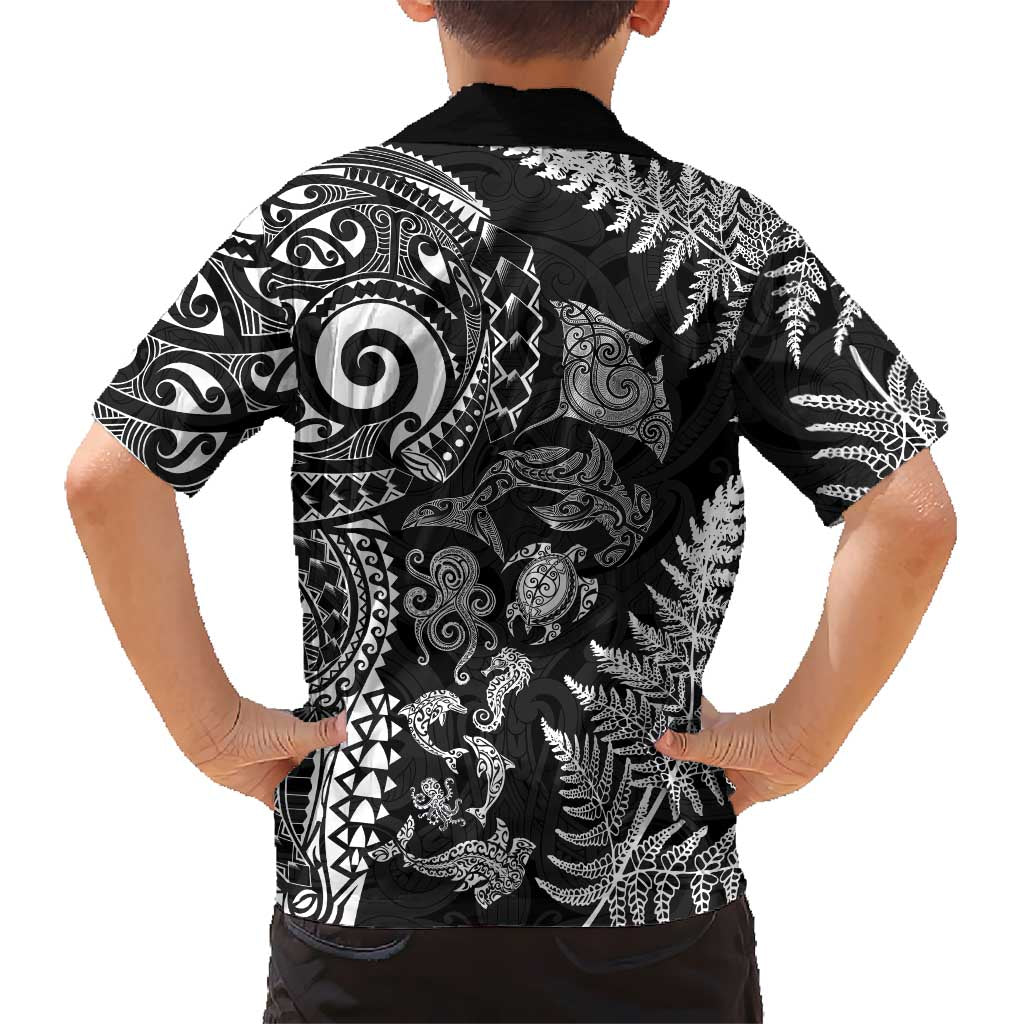 New Zealand Sea Animals Kid Hawaiian Shirt with Maori Koru Tribal Tattoo and Silver Ferns Black Color LT03 - Polynesian Pride