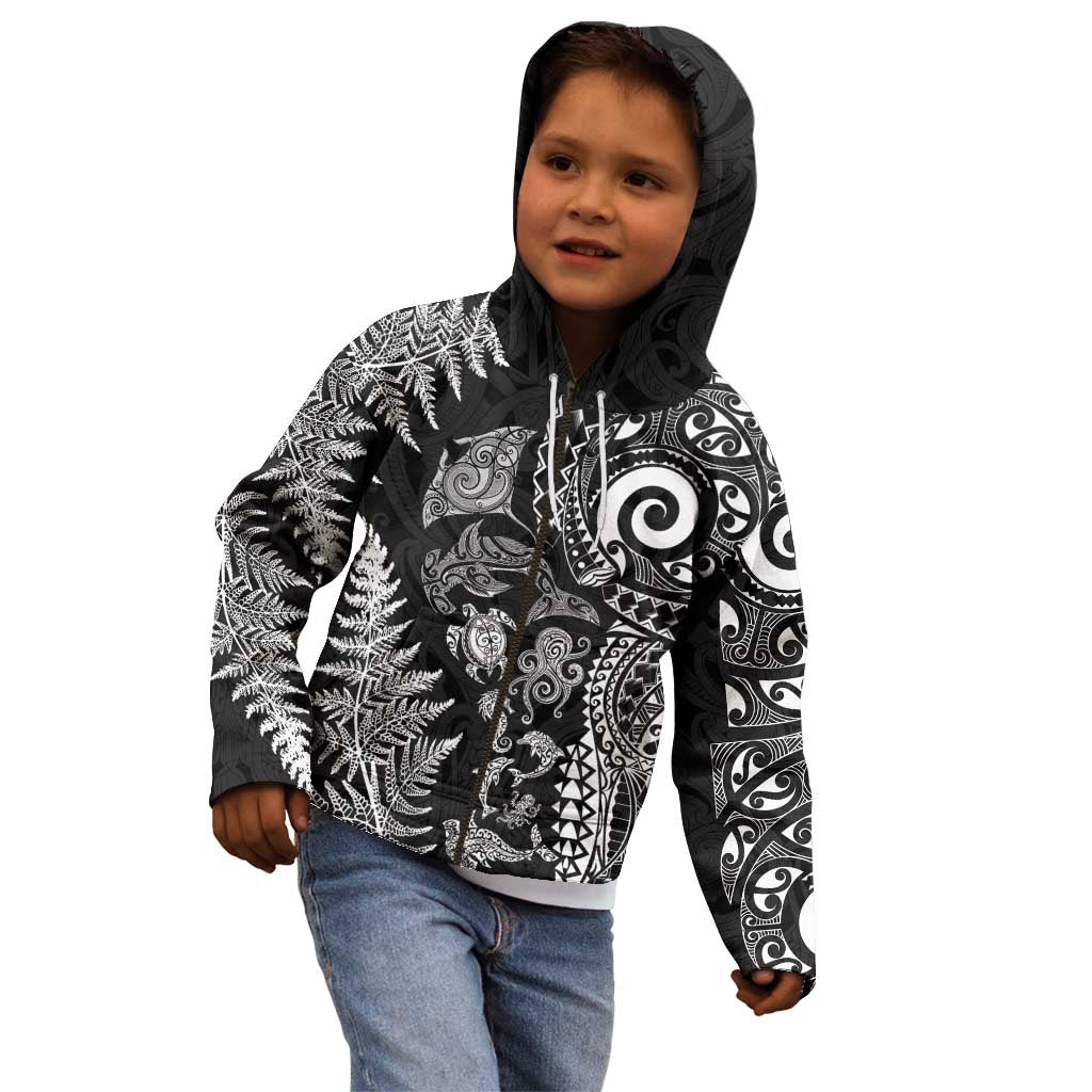 New Zealand Sea Animals Kid Hoodie with Maori Koru Tribal Tattoo and Silver Ferns Black Color LT03 - Polynesian Pride
