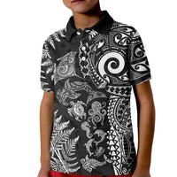 New Zealand Sea Animals Kid Polo Shirt with Maori Koru Tribal Tattoo and Silver Ferns Black Color LT03 Kid Black - Polynesian Pride