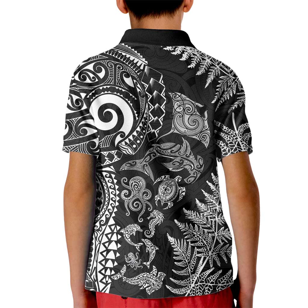 New Zealand Sea Animals Kid Polo Shirt with Maori Koru Tribal Tattoo and Silver Ferns Black Color LT03 - Polynesian Pride