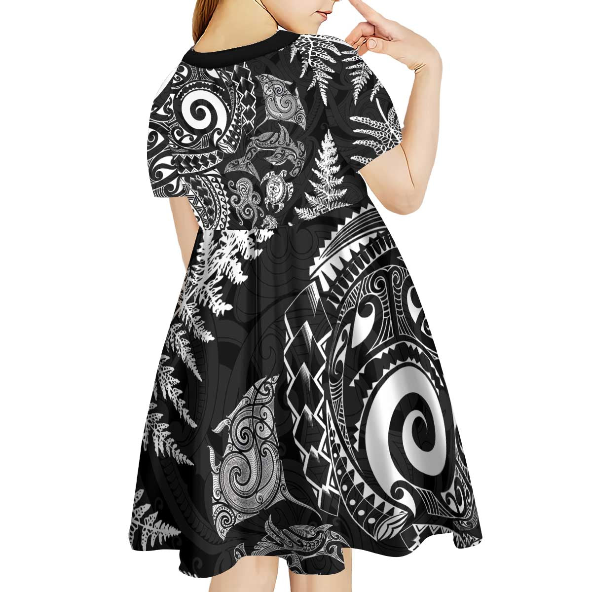 New Zealand Sea Animals Kid Short Sleeve Dress with Maori Koru Tribal Tattoo and Silver Ferns Black Color LT03 - Polynesian Pride