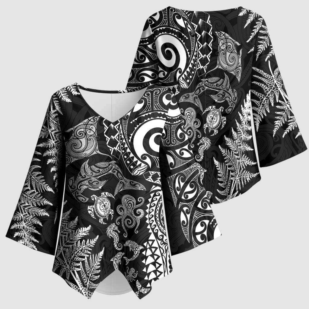 New Zealand Sea Animals Kimono Sleeve Blouse with Maori Koru Tribal Tattoo and Silver Ferns Black Color LT03 - Polynesian Pride