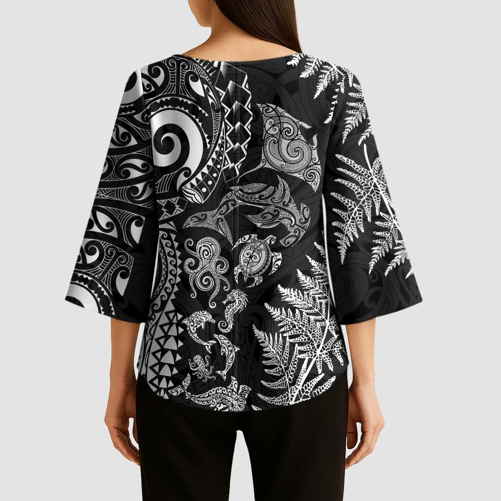 New Zealand Sea Animals Kimono Sleeve Blouse with Maori Koru Tribal Tattoo and Silver Ferns Black Color LT03 - Polynesian Pride