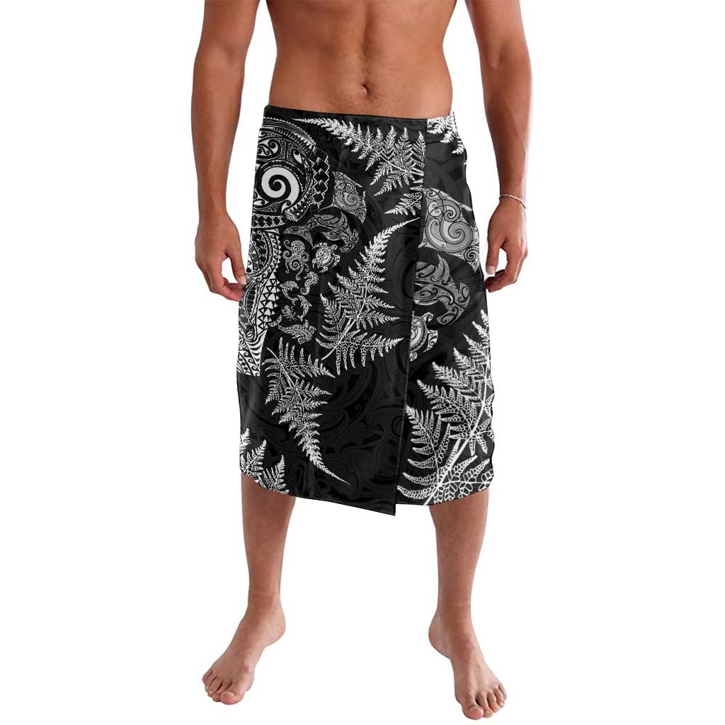 New Zealand Sea Animals Lavalava with Maori Koru Tribal Tattoo and Silver Ferns Black Color