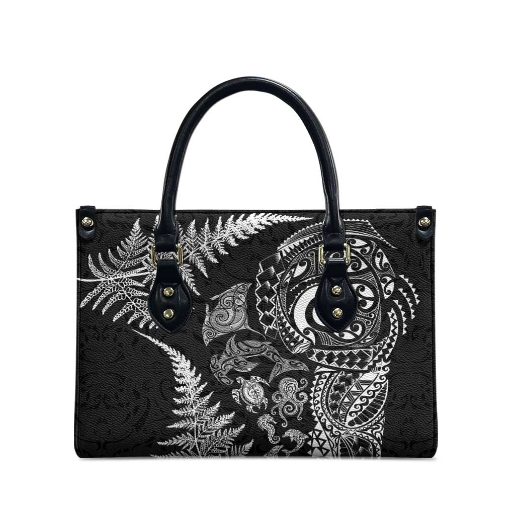 New Zealand Sea Animals Leather Bag with Maori Koru Tribal Tattoo and Silver Ferns Black Color LT03 - Polynesian Pride