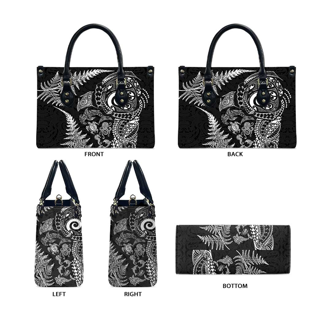 New Zealand Sea Animals Leather Bag with Maori Koru Tribal Tattoo and Silver Ferns Black Color LT03 - Polynesian Pride