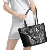New Zealand Sea Animals Leather Tote Bag with Maori Koru Tribal Tattoo and Silver Ferns Black Color LT03 - Polynesian Pride