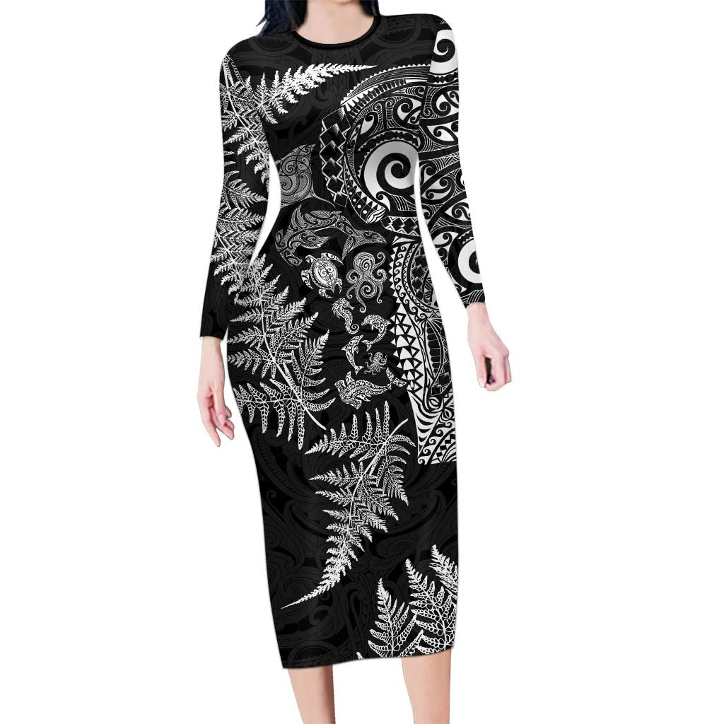 New Zealand Sea Animals Long Sleeve Bodycon Dress with Maori Koru Tribal Tattoo and Silver Ferns Black Color LT03 Long Dress Black - Polynesian Pride