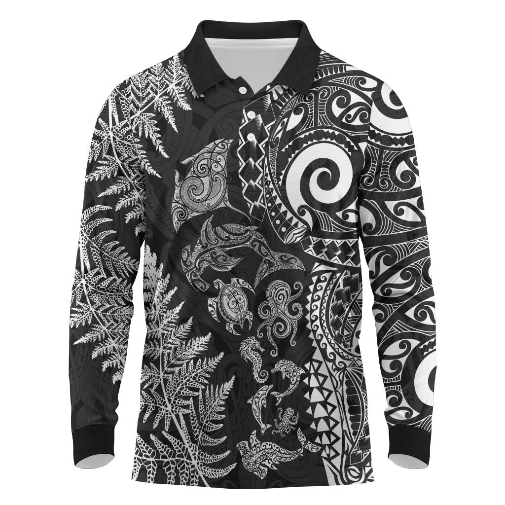New Zealand Sea Animals Long Sleeve Polo Shirt with Maori Koru Tribal Tattoo and Silver Ferns Black Color LT03 Black - Polynesian Pride