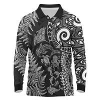 New Zealand Sea Animals Long Sleeve Polo Shirt with Maori Koru Tribal Tattoo and Silver Ferns Black Color LT03 Black - Polynesian Pride