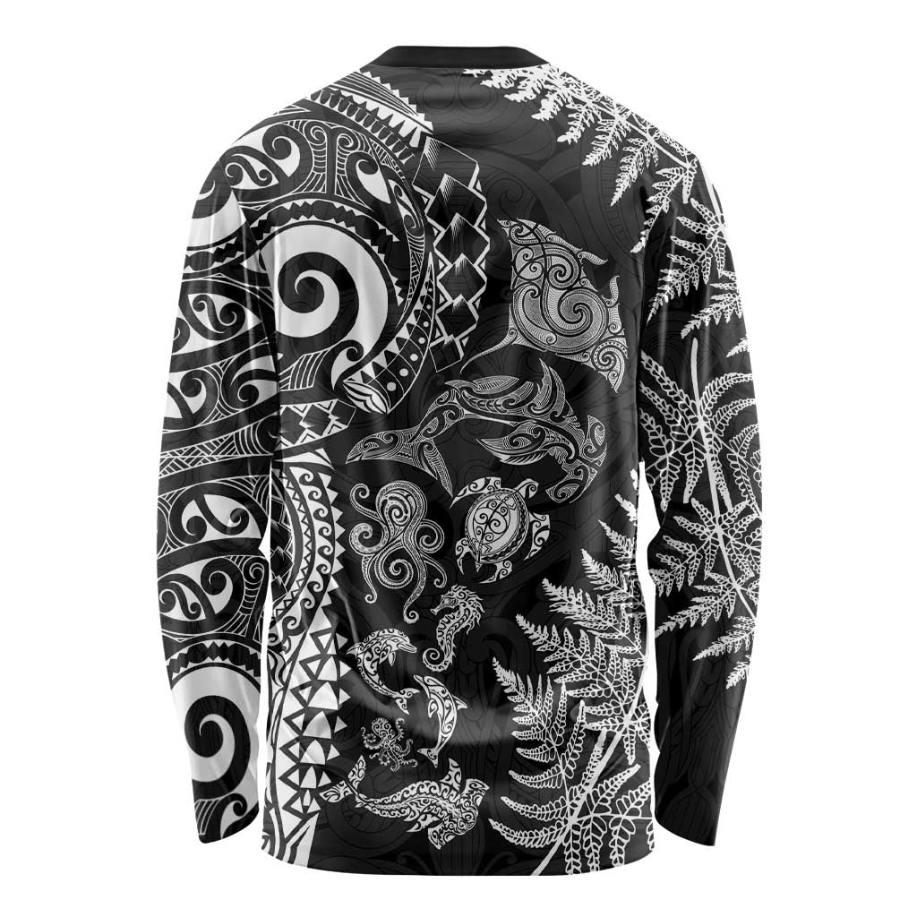 New Zealand Sea Animals Long Sleeve Shirt with Maori Koru Tribal Tattoo and Silver Ferns Black Color LT03 - Polynesian Pride