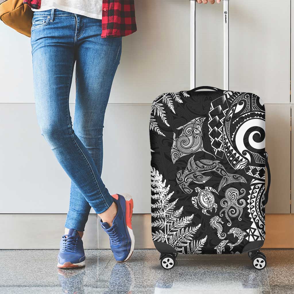 New Zealand Sea Animals Luggage Cover with Maori Koru Tribal Tattoo and Silver Ferns Black Color LT03 - Polynesian Pride